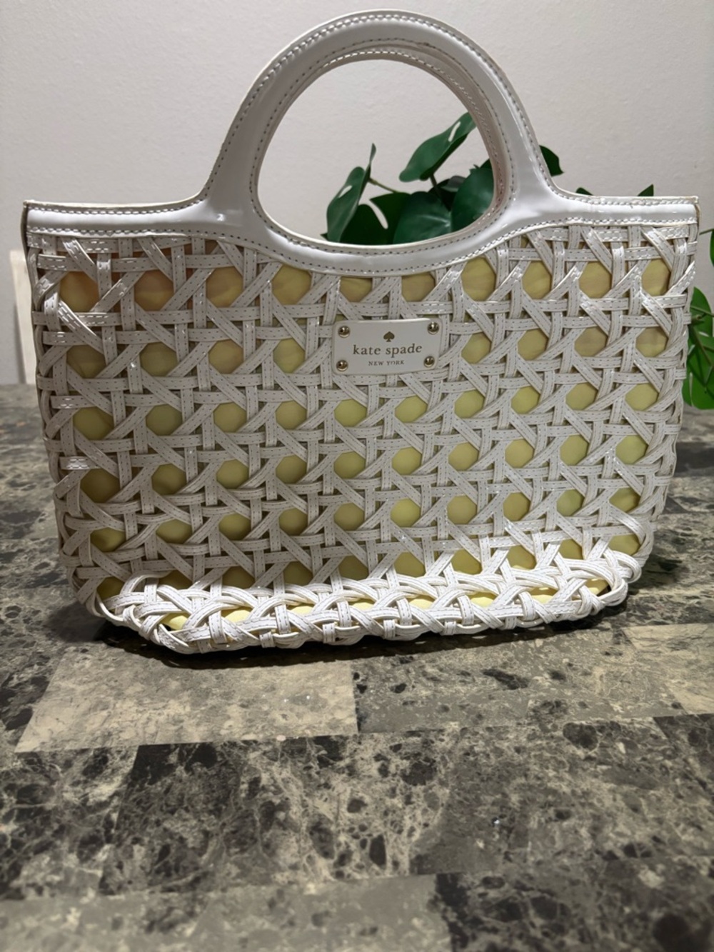 kate spade White Woven Tote with Yellow Interior